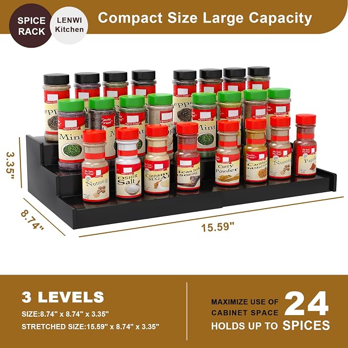 Lenwi Spice Rack Organizer for Cabinet, 3 Tier Expandable Bamboo Spice Storage for Kitchen Cupboard Pantry, Black - Image 5