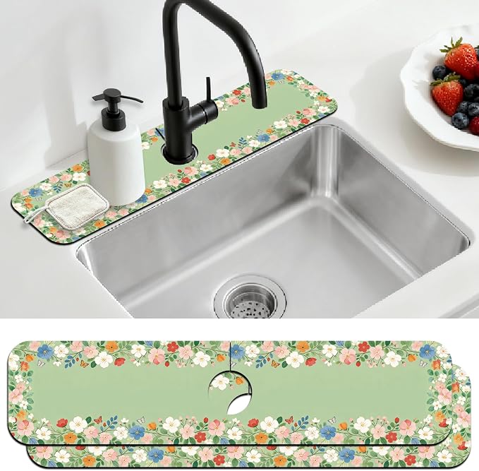 2 Pcs Kitchen Sink Splash Guard Faucet Mat Green Wreath Faucet Mat for Sinks Wreath Border Absorbing Drying Mats for Kitchen Bathroom, 23.6x5.5inch by CONCHLERY%E6%97%97%E8%88%B0%E5%BA%97