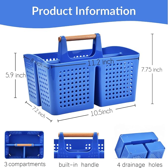 Portable Shower Caddy Basket with 3 Compartments and Handle, Deep Blue | Plastic Divided Toiletry Caddy Organizer for College Dorms, Shared Bathrooms, Gyms, Locker Rooms, Pools and Travel - Image 4