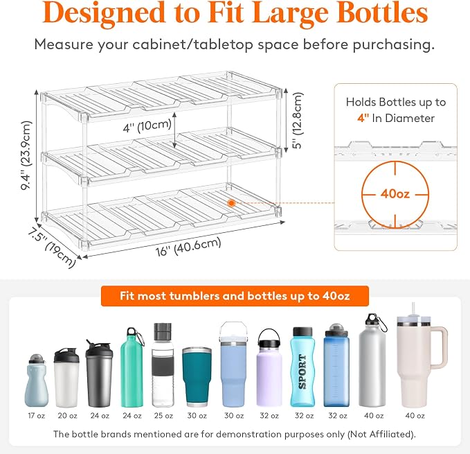 Lifewit Stackable Bottle Storage Organizer, Clear Freestanding Wine Holder for Cabinet, Large Slot Water Bottle Tumbler Cup Organizer for Pantry, Plastic Wine Rack for Fridge Cellar, 3Tier Hold 12 - Image 2