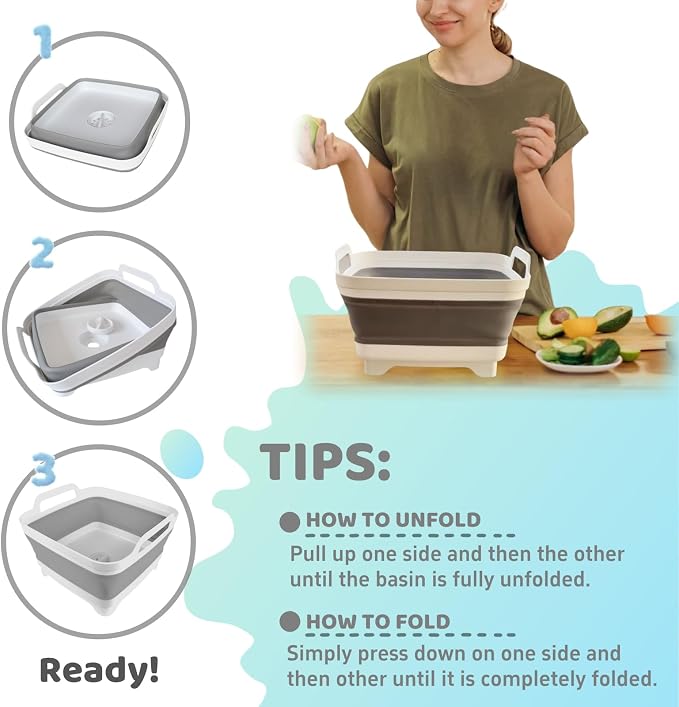Collapsible Wash Basin with Drain Plug - 2.4 Gallon Foldable Kitchen Sink for Baby Bottles, RV Camping, Space-Saving Dish Tub (Gray-Pink) - Image 5