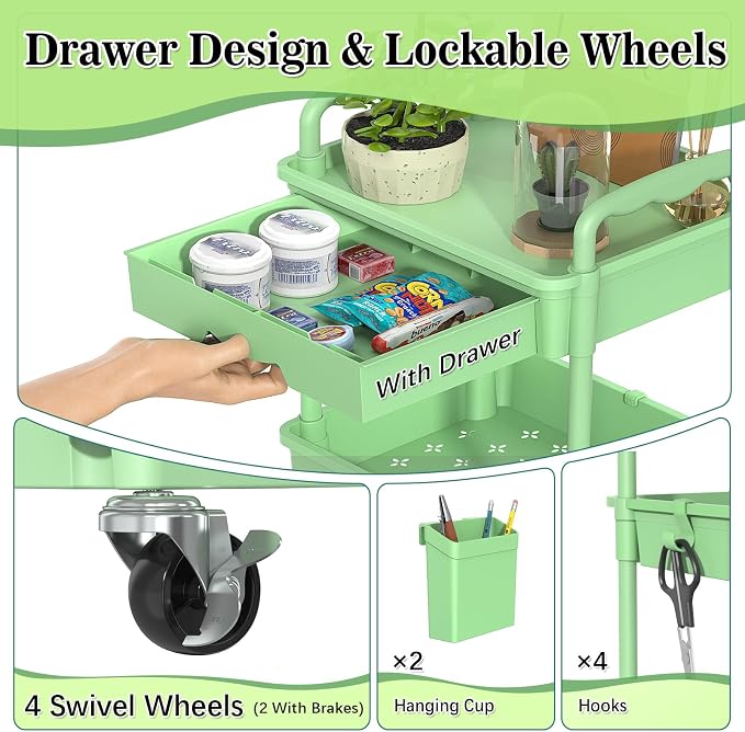 SUNALLY 3 Tier Rolling Cart with Drawer, Craft Storage Cart Organizer,Green | Bathroom Storage Organizer with 2 Lockable Wheels, Rolling Utility Cart for Kitchen, Office, Baby, Makeup, Nail,Snack,Laundry - Image 3