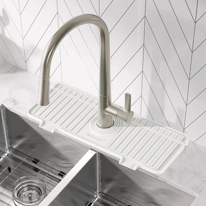 Amerner Kitchen Sink Splash Guard, Silicone Faucet Guard & Draining Mat, Bathroom and Kitchen Sink Organizer, Sink Faucet Mat Water Splash Guard Behind Faucet Accessories Gadgets, 14.2” x 5.1”, White - Image 8