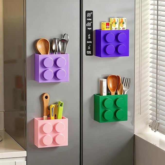 Magnetic Basket Organizer for Fridge - Lego-Style ABS Plastic Storage Box,No Drill Design for Kitchen Counter, Microwave & Whiteboard, Holds Up to 3.5 lbs (Light Purple) - Image 4