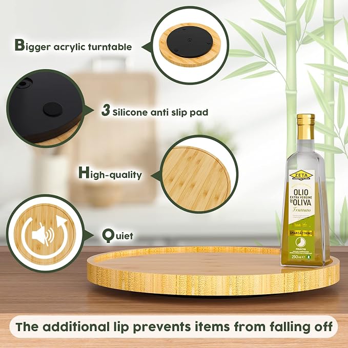 Lazy Susan for Table, 12 Inch Non-Skid Bamboo Turntable Organizer | Salt Pepper Spices and Olive Oil Next to Stove, Wooden Lazy Susan Organizer for Kitchen Countertop Organizer - Image 6