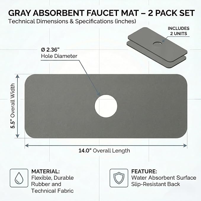 Absorbent Kitchen Sink Faucet Mat: 2PCS 14"Lx5.5"W Small Grey Splash Guard for Compact Sink - Fits Irregular Sink with 2, 3 holes, Soap Dispenser & Air Gap - Cuttable Drip Catcher for Bathroom RV Bar - Image 2