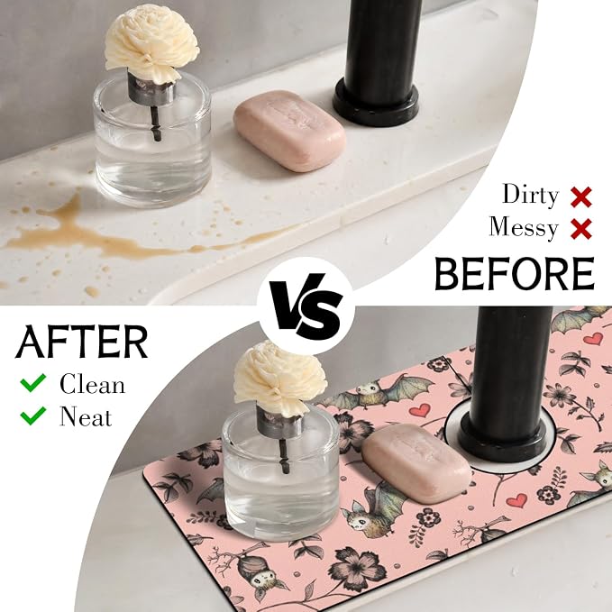 Halloween Kitchen Sink Splash Guard Faucet Mat,Pink Bats Flower Halloween Faucet Non-Slip Absorbent Mat,Farmhouse Sink Splash Guard Behind Faucet for Kitchen Bathroom,15"x5.5" - Image 3