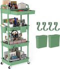 4 Tier Rolling Utility Cart with Drawer, Plastic Storage Organizer Rolling Carts with Wheels Handles Hanging Cups Hooks for Office, Bathroom, Kitchen,Craft Art Room (Green) by LLMRR