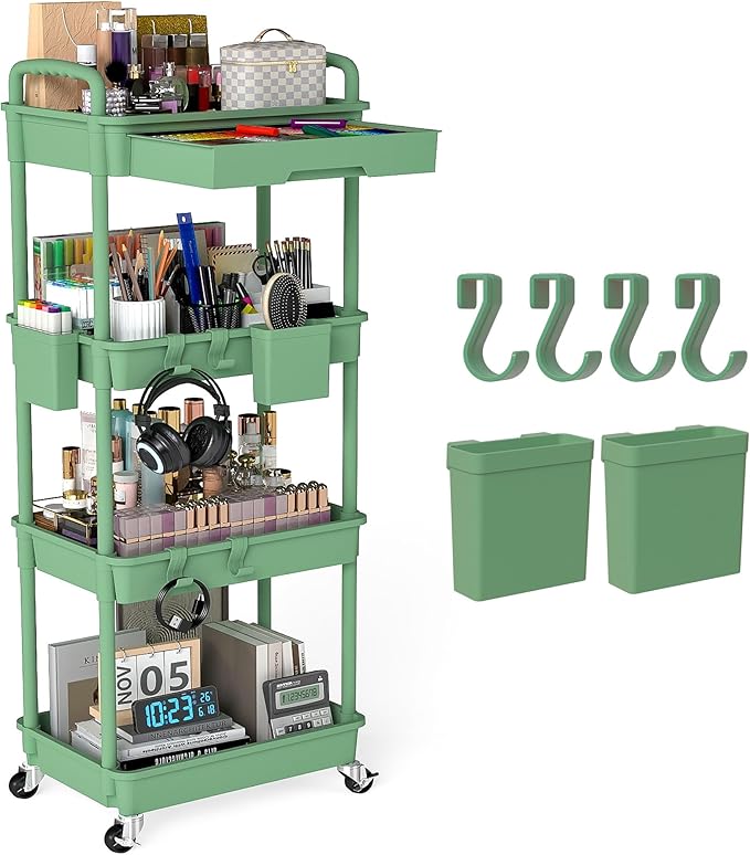 4 Tier Rolling Utility Cart with Drawer, Plastic Storage Organizer Rolling Carts with Wheels Handles Hanging Cups Hooks for Office, Bathroom, Kitchen,Craft Art Room (Green) by LLMRR