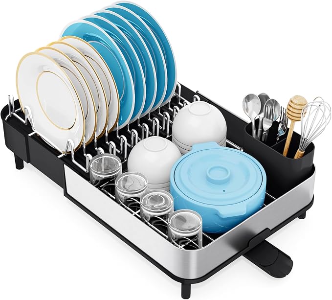 Urackify Stainless Steel Dish Drying Rack for Kitchen Counter,Black | Extends to 20.67'',Expandable & Foldable,Rust-Resistant,Rotatable Drain Pipe & Utensil Holder,Dish Drainer For 2-4 People by Urackify
