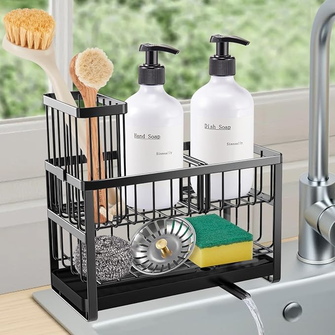 Sinnsally Kitchen Sponge Holder,Sink Caddy Organizer with High Brush Holder,Stainless Steel Sink Box Dish Scrubber Holder,Soap Tray for Kitchen Counter Accessories & Storage Rack(2 Tier - Black) by UsefulKitchenTools