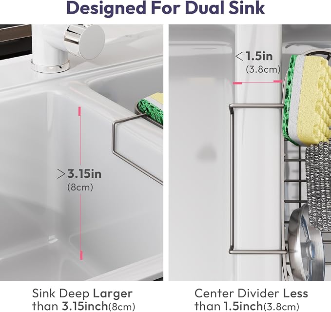 SWTYMIKI Sponge Holder for Kitchen Sink - Movable Kitchen Sink Caddy with M Hook Stainless Steel Hanging Sponges Caddy Organizer in Double Bowl Sinks Depth>3.15in, Middle Divider<1.5in, Sand Nickel L - Image 2