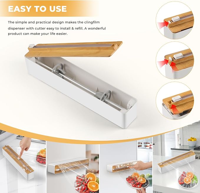 Magnetic Plastic Wrap Dispenser with Cutter - Quasziwa Upgrade Practical Refillable Cling Wrap Aluminum Tin Foil Organizer for Drawer, Include an Extra Roll of 12"X 164' Food Cling Film - Wood Grain - Image 4