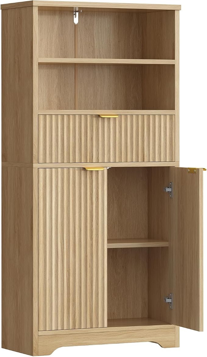 Tall Storage Cabinet with Adjustable Shelf & Drawer, Fluted Cabinet with Doors, Kitchen Pantry Cabinets, Bathroom Storage Cabinets, for Living Room, Entryway, Home Office, Natural by TEENFON