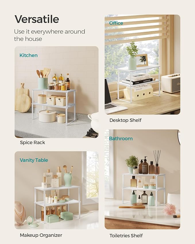 SONGMICS Cabinet Organizer Shelf, Set of 4 Spice Rack, Kitchen Storage | Rounded Wide Mirror with Storage, Cloud White Surface with Cappuccino Beige Lining, AILEAS Collection UJJC046W01S - Image 5