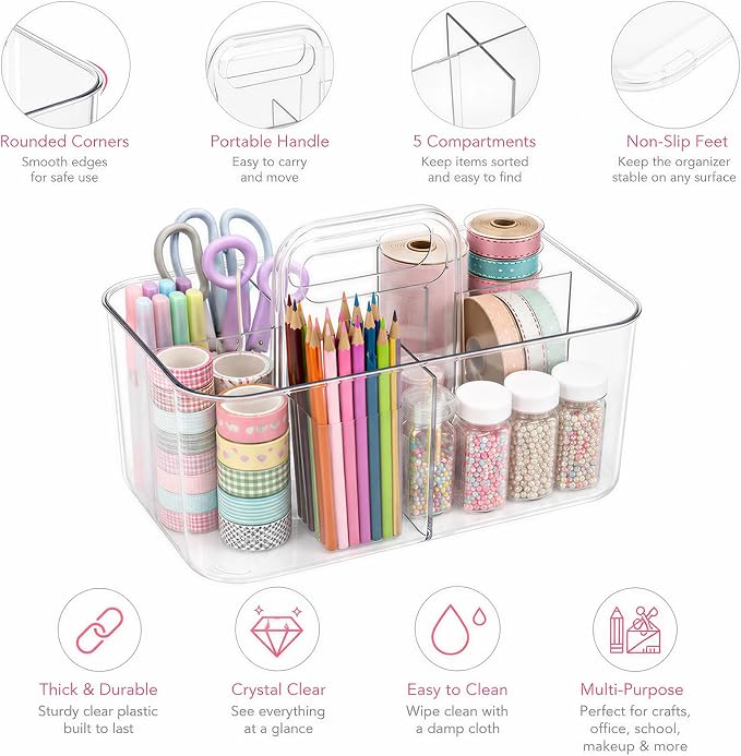 Plastic Storage Caddy with Handle, Clear Shower Makeup Caddy Organizer with 5 Compartments, Portable Multi-Purpose Desk Caddy for Craft Art Supply Pencils Home Office Bathroom Supplies - Image 6