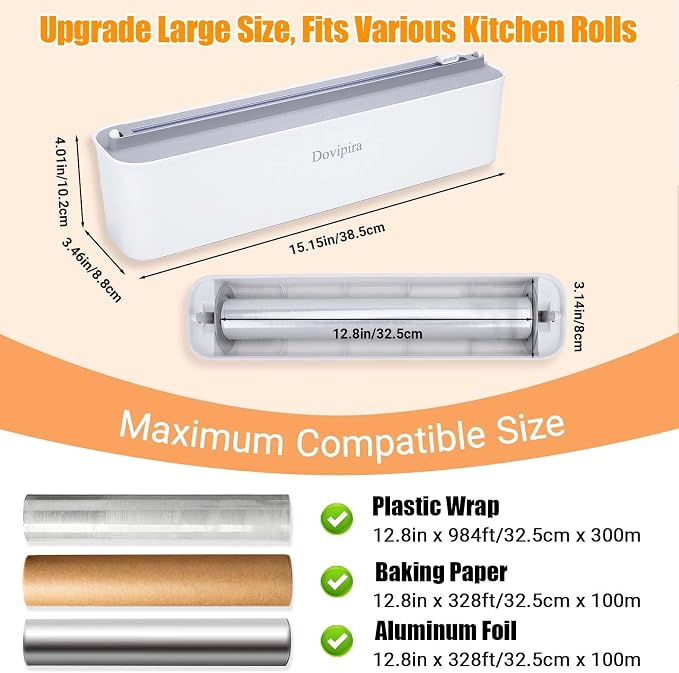 Large Magnetic Plastic Wrap and Foil Dispenser with Cutter | Magnetic & Adhesive Mounting, Fits for Max 12.8In x 984Ft of Plastic Wrap, 12.8In x 328Ft of Foil & Parchment Paper - Image 2