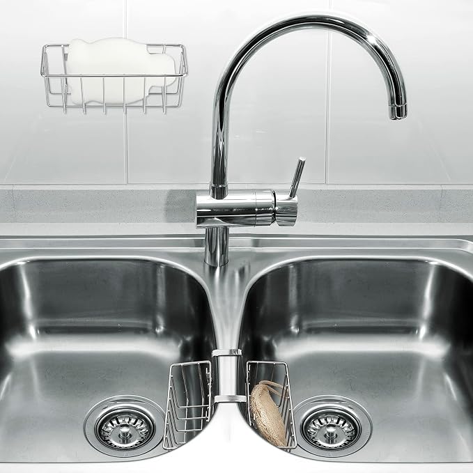 Hotop 2 Pieces Sponge Holder Kitchen Sink Caddy Metal Sink Organizer Basket for Scrubber Soap Towel Brush Dishwashing Liquid Drainer Rack in Kitchen Bathroom Bathtub, Silver - Image 6