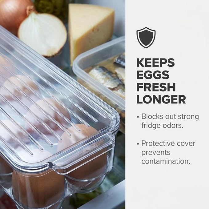 American Dream Fridge Bin Egg Holder for Refrigerator, 14-Egg Storage Container with Lid, Stackable BPA-Free Plastic Organizer Tray for Kitchen Fridge – Clear - Image 3