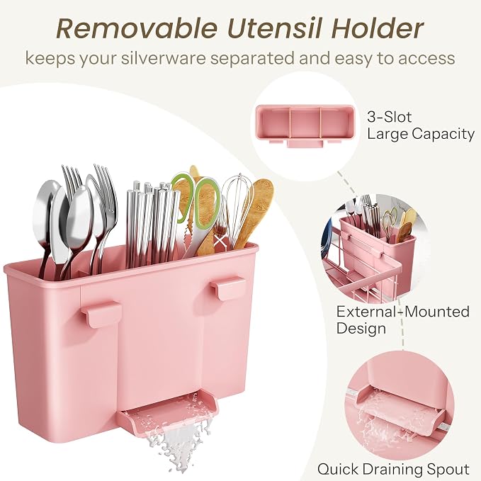 SNTD Dish Drying Rack for Small Kitchen Counter, 11" W x 15" L, Pink | Space Saving, Rotating Spout & Angled Drainboard for Quick Drainage, Stainless Steel, Removable Utensil Holder - Image 7