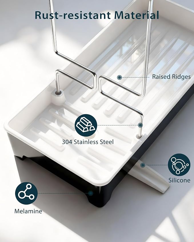 Minimalist Sink Caddy, Rustproof Sponge Holder for Kitchen Sink Black | Large Rustproof countertop organizer with 304 stainless steel brush holder, raised ridges and silicone drain tube - Image 7