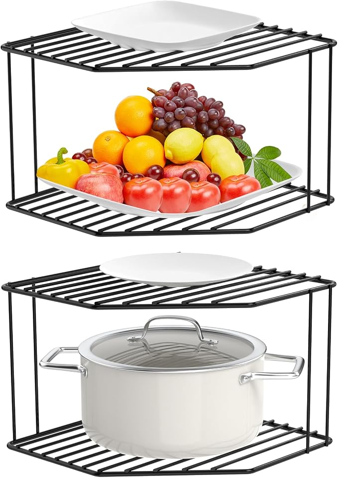 AKAZA 2Pcs 2-Tier Corner Stackable Organizer Shelf for Kitchen - Cabinet Storage Shelf Rack, Shelves，Kitchen Counter and Cabinet Shelf, Storage Rack Organizer (Black) by AKAZA