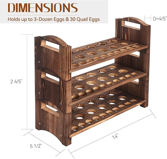 Wooden Egg Holder 3 Layer Fresh Egg Rack Holders Countertop Stackable Quail Egg Sorter Storage Trays Organizer Display Stand Kitchen Rack, Fits Duck, Turkey, Chicken Eggs,up to 36 Eggs, 3 Tier-Brown - Image 2
