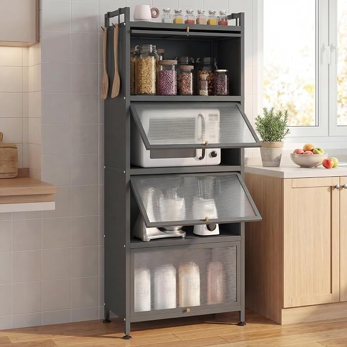 GIANTEX 5-Tier Kitchen Storage Cabinet, 4 PC Doors, Rolling Wheels, Grey | Mobile Metal Pantry Cabinet with 4 Hooks & Adjustable Feet, 60" Baker's Rack Microwave Stand for Dining & Living Room - Image 2