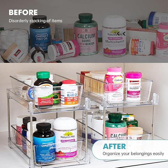 4 Pack Clear Bathroom Organizers and Storage, 2 Tier Pull Out Under Sink Cabinet Organizer Plastic Drawer Organization and Storage for Bathroom and Kitchen - Image 5