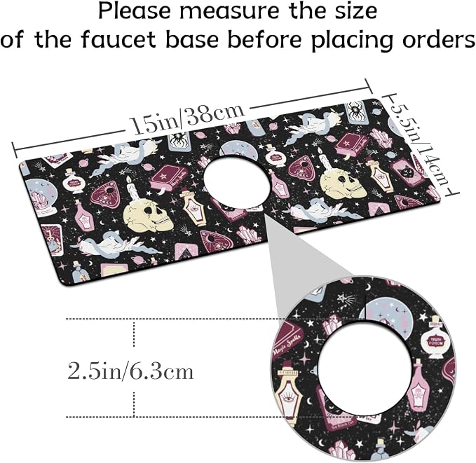 Halloween Kitchen Sink Splash Guard Faucet Mat,Black Witches Ghost Skulls Halloween Faucet Non-Slip Absorbent Mat,Farmhouse Sink Splash Guard Behind Faucet for Kitchen Bathroom,15"x5.5" - Image 2