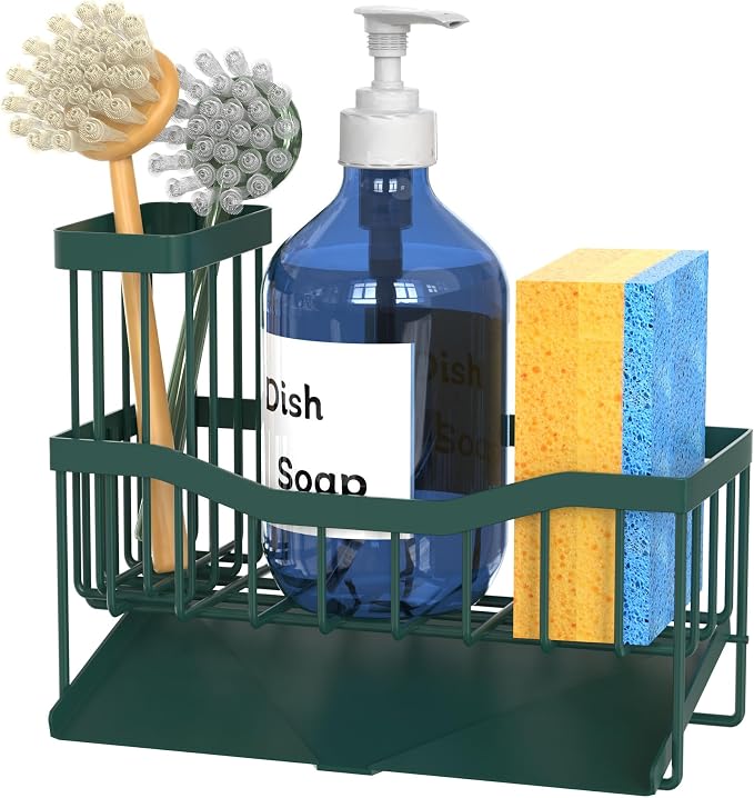 Fssvcd Maifan Sink Caddy Sponge Holder for Kitchen with Brush Holder and Stainless Steel Self Drain Tray, Rustproof Kitchen Sink Organizer for Sponge, Soap Dispenser Storage Accessories Dark Green - Image 7