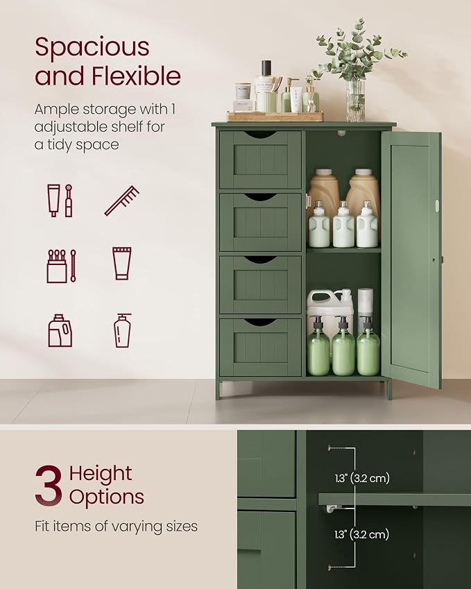 VASAGLE Storage Cabinet with Drawers, Freestanding Floor Cabinet with Door, 11.8 x 21.7 x 32.3 Inches, Adjustable Shelf, for Bathroom, Living Room, Kitchen, Forest Green ULHC041CH01S - Image 4