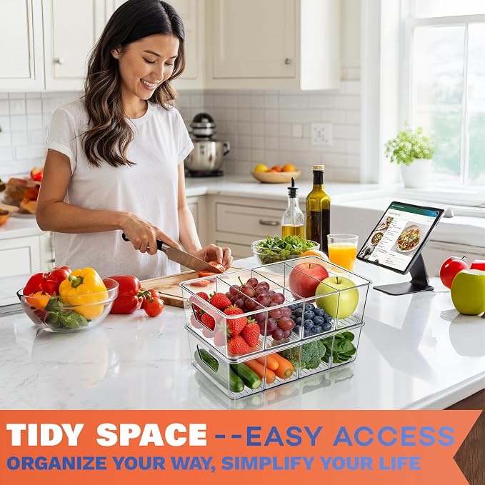 Stackable 4-Compartment Pantry Organizers and Storage, Clear Plastic Storage Bins with Removable Dividers Suitable for Pantry, Office, Kitchen, Cabinet & Fridge Organization, 2-Pack - Image 7