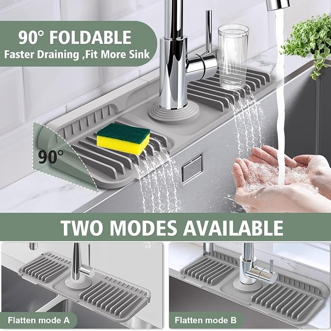 14.6-Inch Kitchen Sink Splash Guard Mat | 7° Slope for Fast Self-Draining | Snap-Lock Design | Universal & Cuttable Silicone Faucet Mat GRAY - Image 5