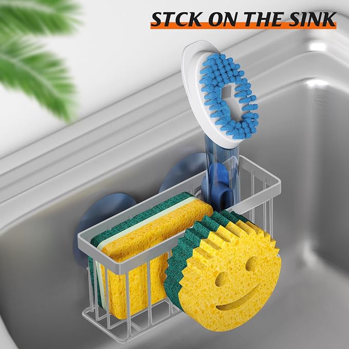MURLONG Sponge Holder Smiley Face, Sink Organizer with 2 Suction Cups/1 Adhesive Strips, Designed for Sponge, Soap, Dish Brush, Scrubber - Gray - Image 5