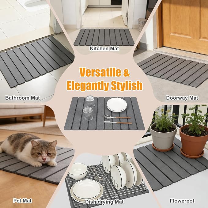 Beslands Large Stone Drying Mat for Kitchen Counter, 24"x16" Diatomaceous Earth Dish Drying Mat with EVA, Quick Dry & Non-Slip Foldable Roll up Stone Mat for Dishes, Bottles, Pots, Sink Dark Gray - Image 7