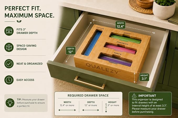 Bamboo Storage Bag Organizer for Drawer | 4-in-1 Baggie Organizer, Kitchen Drawer, Wall Mount & Countertop, Gallon, Quart, Sandwich & Snack, Engraved Labels - Image 8