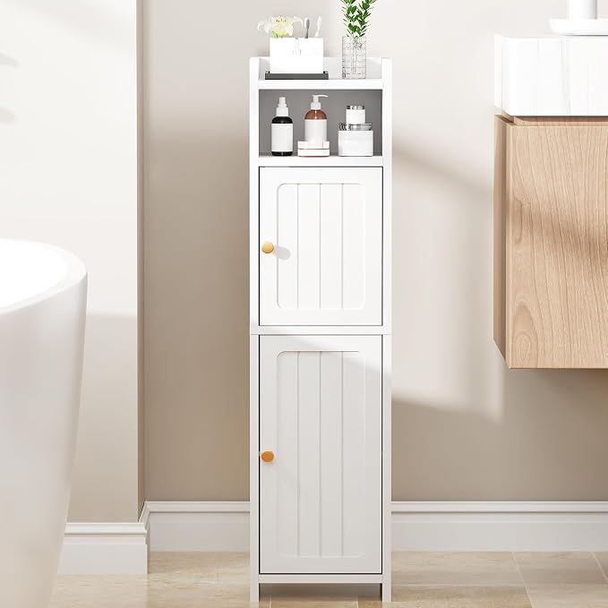 BEWISHOME Small Bathroom Storage Cabinet, 2 Doors Narrow Bathroom Cabinet | Storage Cabinet with Adjustable Shelves, Narrow Toilet Paper Cabinet 7.9"D x 7.9"W x 31.5"H, for Small Spaces, White YYG03W - Image 2