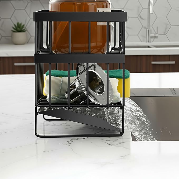 Kitchen Sink Organizer Caddy, 2 Tier Sink Caddy Organizer with High Brush Holder, Rust-Proof Countertop Rack (Black 10.6 * 4.3 * 5.7") for Kitchen Accessories & Dish Brushes - Image 5