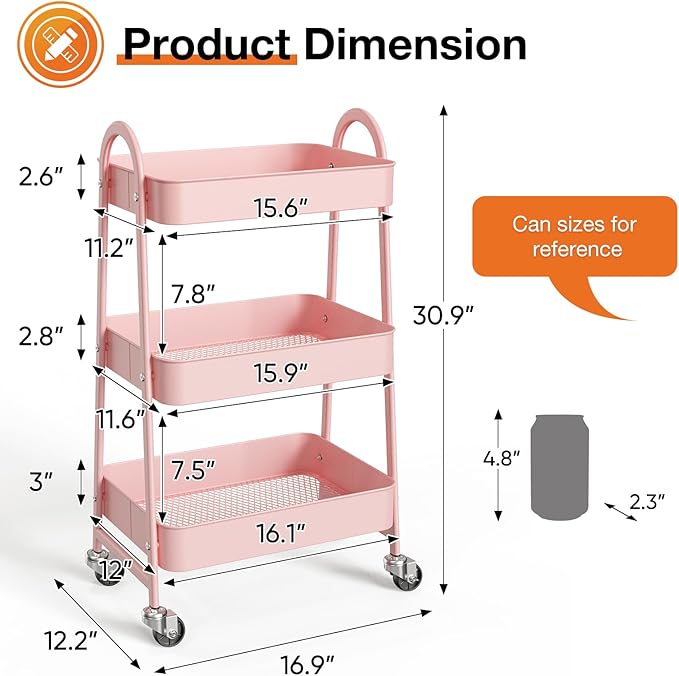 NEWBULIG 3-Tier Metal Rolling Cart with Lockable Wheels, Heavy Duty Mobile Utility Storage Shelf, Roller Book Snack Cart, Organization for Livingroom, Bathroom, Office, Pink | Mobile Organizer Shelf, Space-Saving, Freestanding, Bathroom, Living Room, S... - Image 4