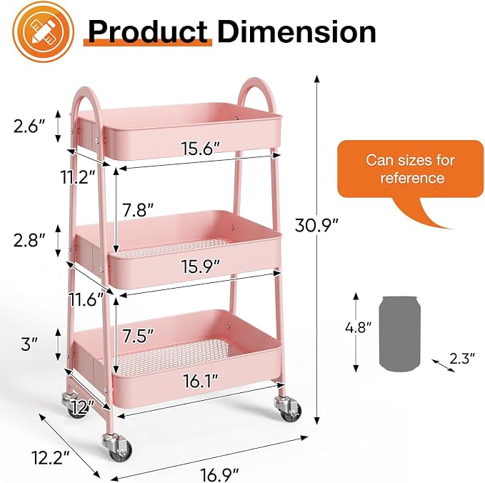 NEWBULIG 3-Tier Metal Rolling Storage Utility Cart with Lockable Wheels | Mobile Organizer Shelf, Space-Saving, Freestanding, Bathroom, Living Room, Slim, Narrow Corner Spaces, Pink - Image 4