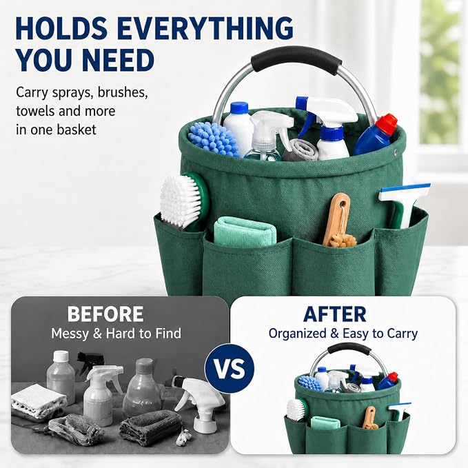 Cleaning Caddy with Handle, Large Supply Organiser 17L with 6 Pockets, Cleaning Products Organiser, Foldable Storage Basket, Portable Cleaning Caddy for Home (Green) - Image 2