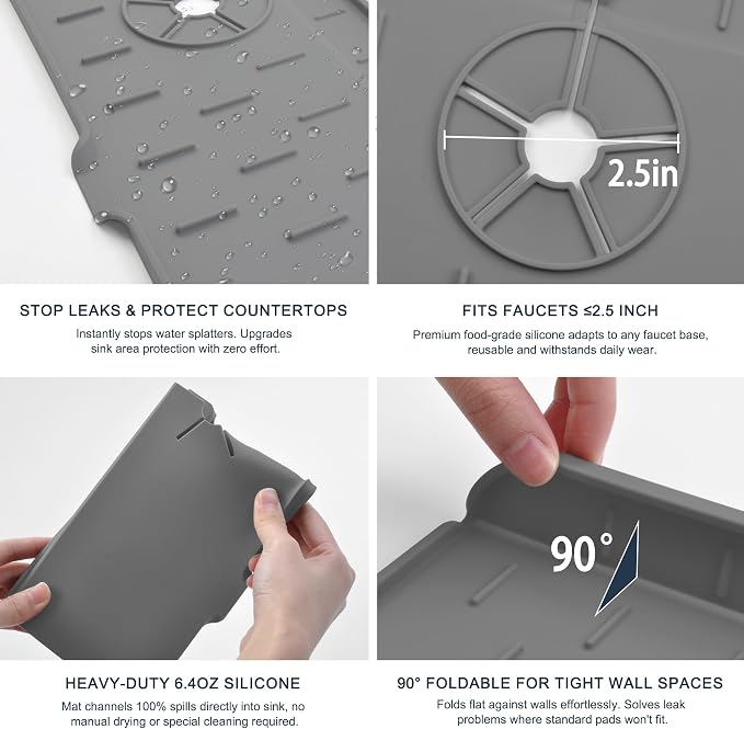 Kitchen Sink Splash Guard Silicone Faucet Mat for Kitchen Sink Grey | Sink drain pad behind faucet, Sink rubber mat around faucet guard & draining mat, bathroom sink protector Water Catcher Mat - Image 5
