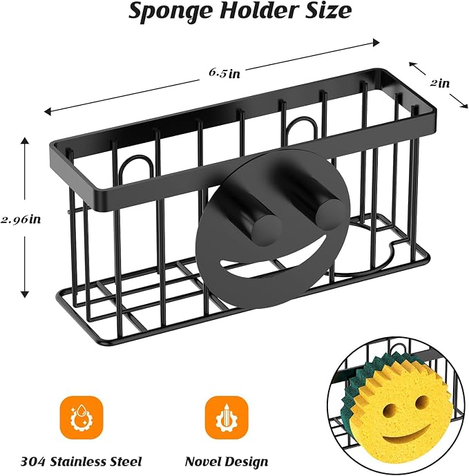 MURLONG Sponge Holder Smiley Face, Sink Organizer with 2 Suction Cups/1 Adhesive Strips, Designed for Sponge, Soap, Dish Brush, Scrubber - Black - Image 2
