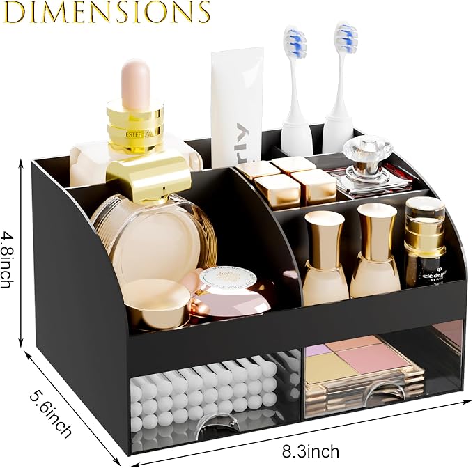 Makeup Organizer with 2 Drawers, Cosmetic Storage for Dresser Vanity and Bathroom Countertop,Make up organization and Skincare Storage with Beauty Brush Holder, Cosmetic Display Case (Black) - Image 3