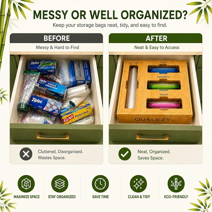 Bamboo Storage Bag Organizer for Drawer | 4-in-1 Baggie Organizer, Kitchen Drawer, Wall Mount & Countertop, Gallon, Quart, Sandwich & Snack, Engraved Labels - Image 5