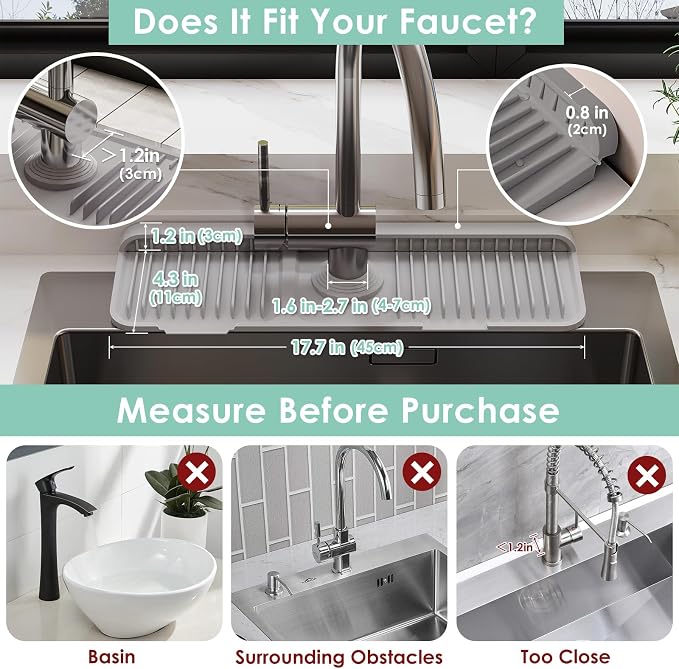 17.7-Inch Silicone Faucet Mat for Kitchen Sink Splash Guard, 7° Slope | 17.7"x5.5" water draining mat with fasten button; 1.6-2.75" customizable hole for bathroom, RV & kitchen sink drip catcher. - Image 2