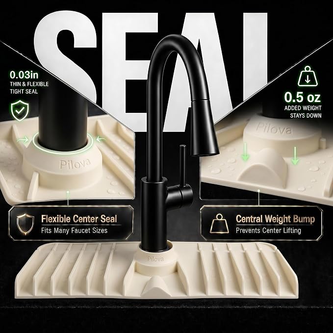 Premium Kitchen Sink Splash Guard – 18" x 5.7" Silicone Faucet Mat with Secure Pressure Clip, True 10° 3D Drainage(No Pooling), Anti-Lift Design, Flexible Leak-Sealing Ring, Non-Slip Fit Behind Faucet - Image 8