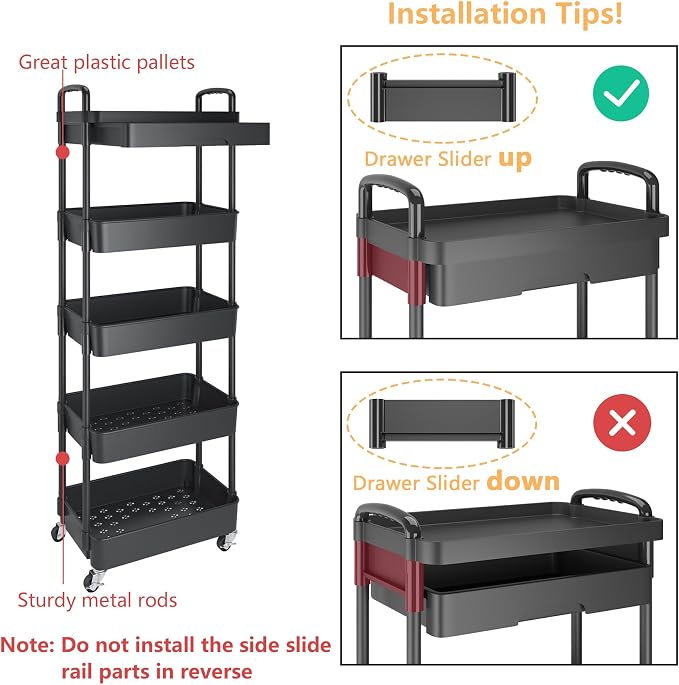 Calmootey 5-Tier Utility Cart with Drawer & Wheels, Storage for Home,Office | Space-Saving Organizer, Sturdy Plastic Shelves, Smooth-Rolling Metal Wheels, Built-in Drawer for Small Items, Black - Image 6