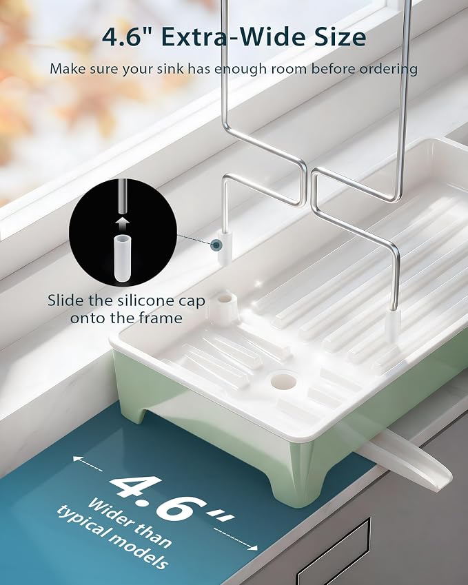 Minimalist Sink Caddy, Rustproof Sponge Holder for Kitchen Sink Green | Large Rustproof countertop organizer with 304 stainless steel brush holder, raised ridges and silicone drain tube - Image 4